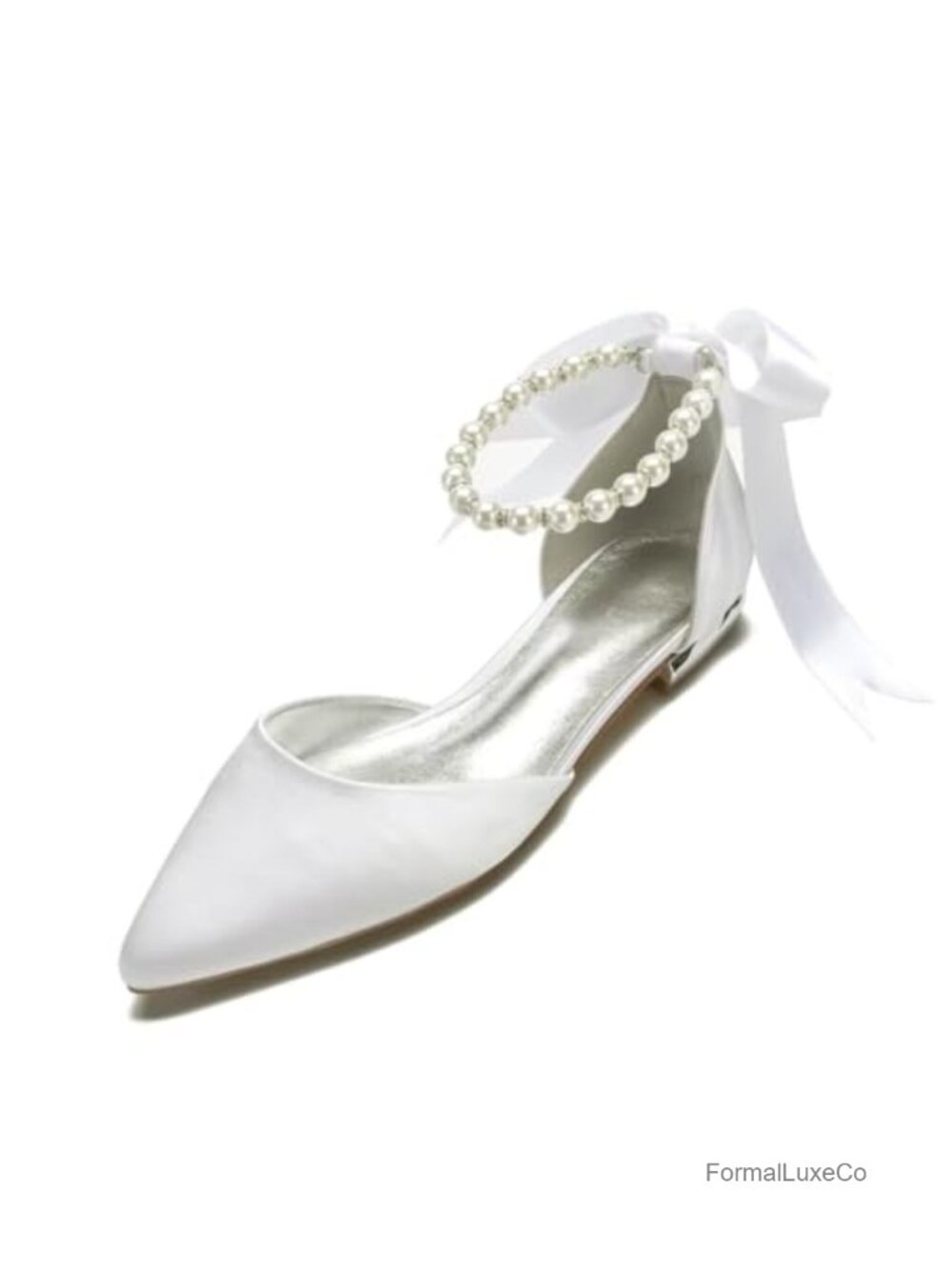 Satin Pearls Pointed Toe Wedding Flats with Ankle Strap